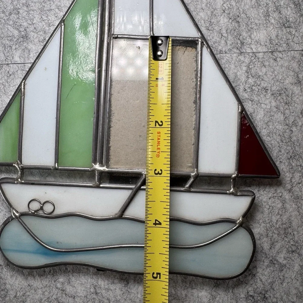 VTG Stained Glass Suncatcher Sailing Vessel‎ w/Built-In Photo Frame Window Wall